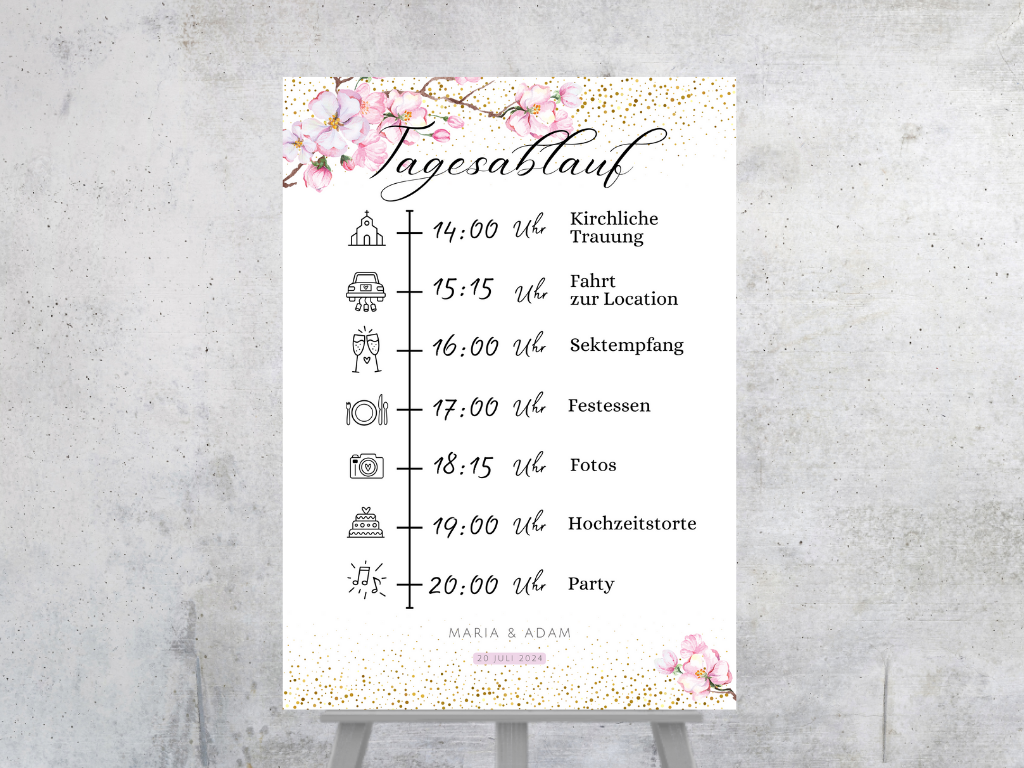 Tagesablauf für Hochzeit Leinwand, Poster . Kirschblüten , Rosa , Vintage LEA