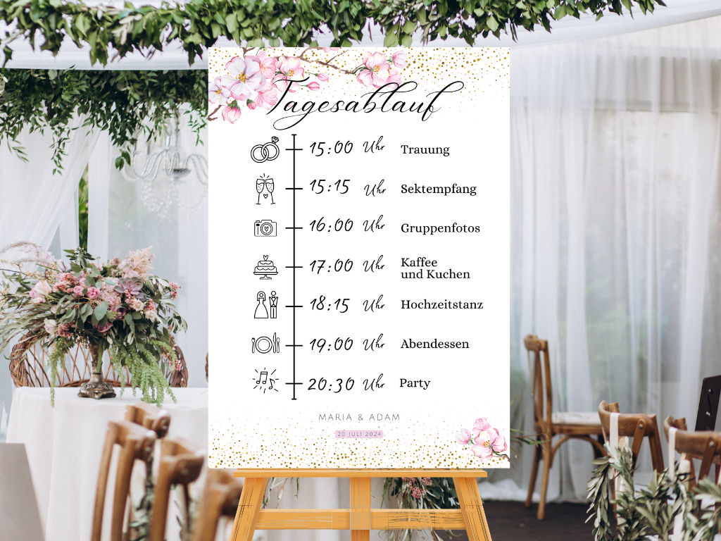 Tagesablauf für Hochzeit Leinwand, Poster . Kirschblüten , Rosa , Vintage LEA