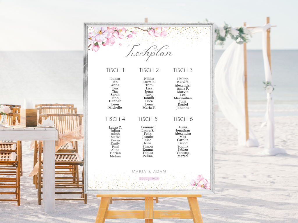 Personalisierter Hochzeits Sitzplan - Leinwand , Poster - Kirschblüten , Rosa , Vintage LEA