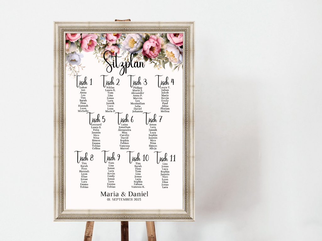 Personalisierter Hochzeits Sitzplan - Leinwand , Poster - Rote Blumen Boho KATRIN
