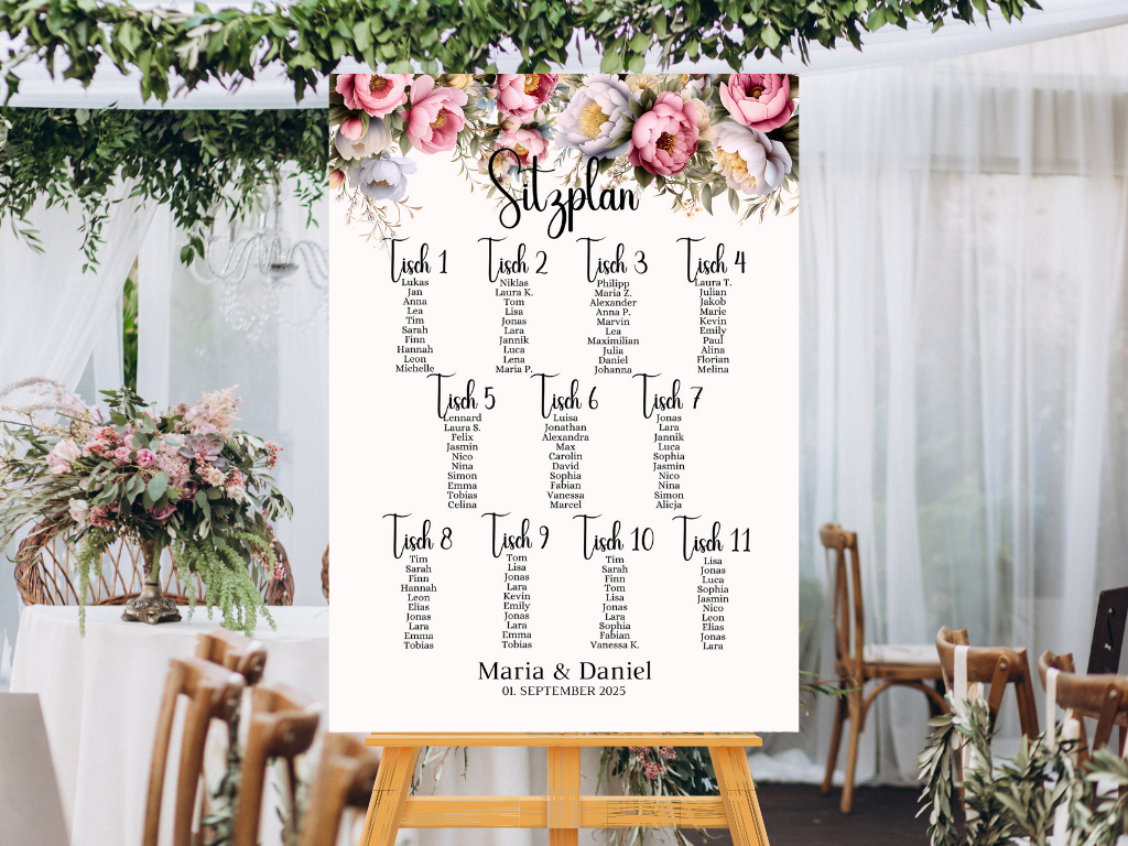 Personalisierter Hochzeits Sitzplan - Leinwand , Poster - Rote Blumen Boho KATRIN