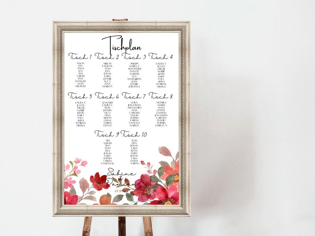 Personalisierter Hochzeits Sitzplan - Leinwand , Poster - Bunte Blumen , Rot , Vintage NATALIE