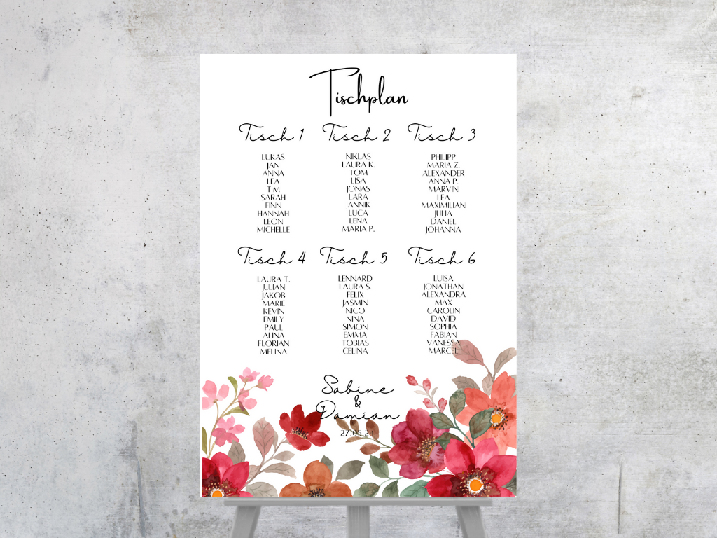 Personalisierter Hochzeits Sitzplan - Leinwand , Poster - Bunte Blumen , Rot , Vintage NATALIE