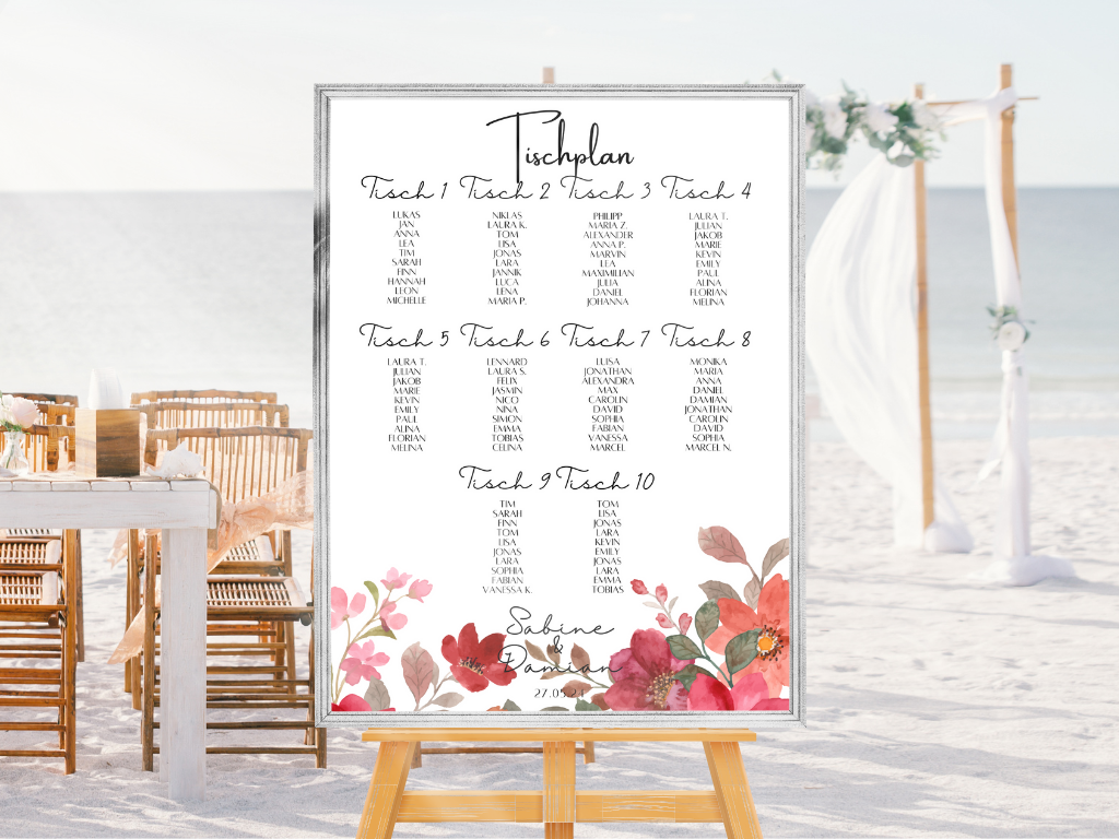 Personalisierter Hochzeits Sitzplan - Leinwand , Poster - Bunte Blumen , Rot , Vintage NATALIE