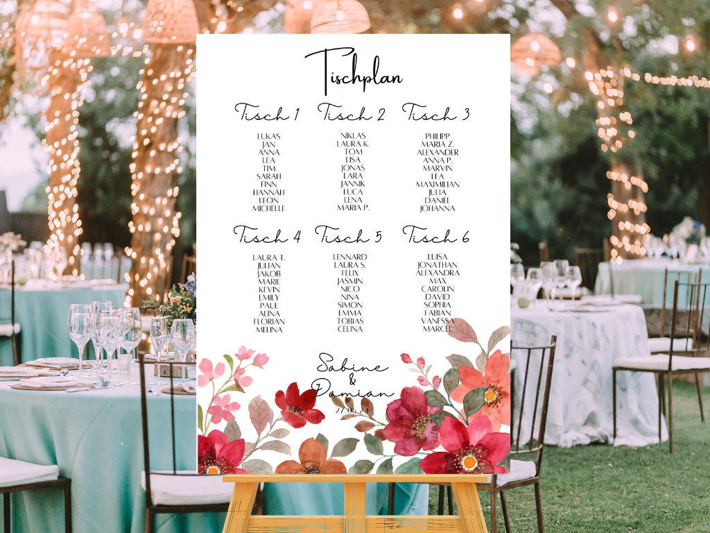 Personalisierter Hochzeits Sitzplan - Leinwand , Poster - Bunte Blumen , Rot , Vintage NATALIE