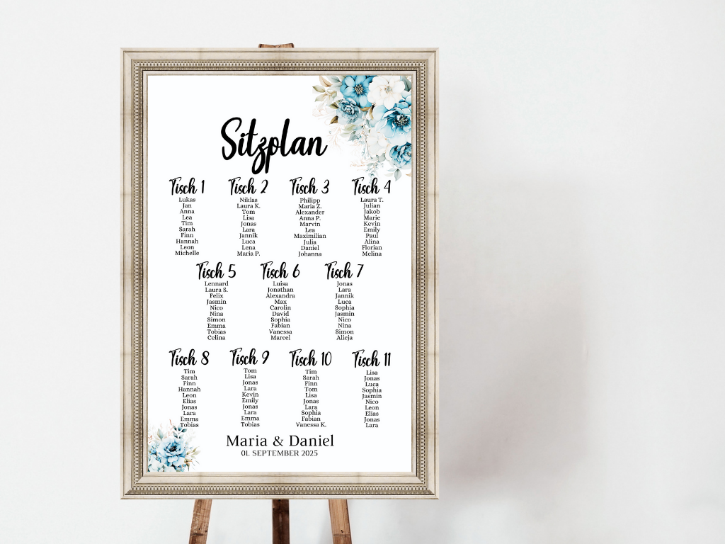 Personalisierter Hochzeits Sitzplan - Leinwand , Poster - Strand Hochzeit , Marine , Blaue Blumen ALICE