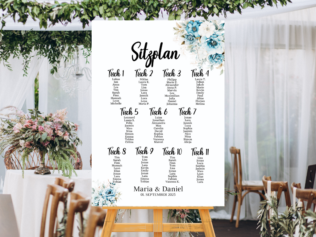 Personalisierter Hochzeits Sitzplan - Leinwand , Poster - Strand Hochzeit , Marine , Blaue Blumen ALICE