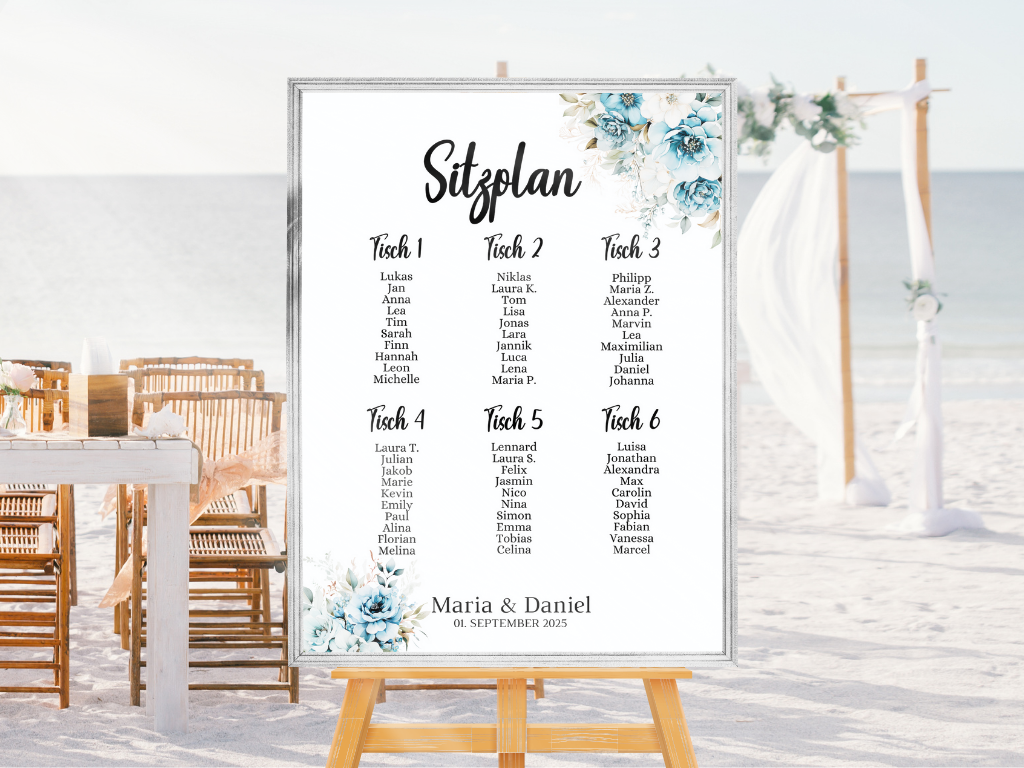 Personalisierter Hochzeits Sitzplan - Leinwand , Poster - Strand Hochzeit , Marine , Blaue Blumen ALICE