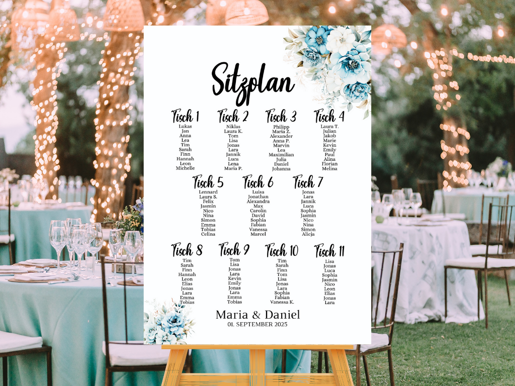 Personalisierter Hochzeits Sitzplan - Leinwand , Poster - Strand Hochzeit , Marine , Blaue Blumen ALICE