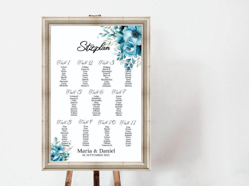Personalisierter Hochzeits Sitzplan - Leinwand , Poster - Strand Hochzeit , Marine , Blaue Blumen LINDA