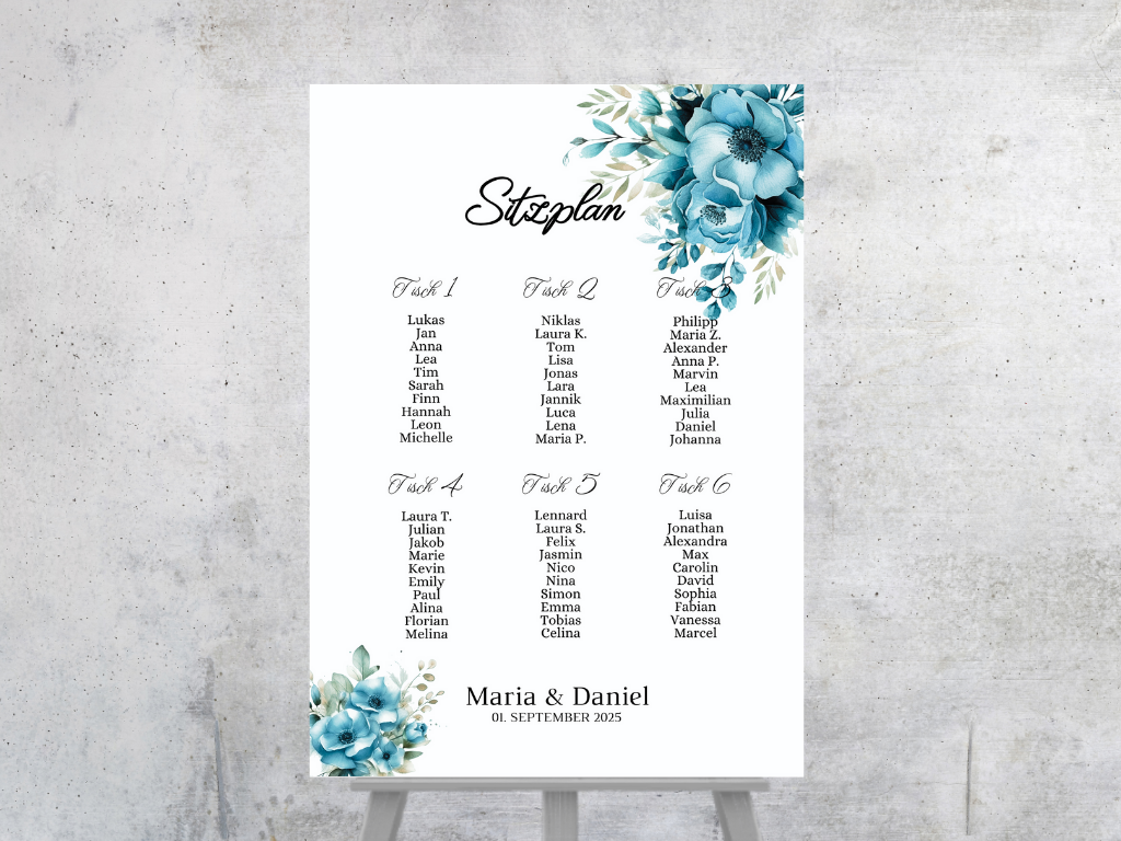 Personalisierter Hochzeits Sitzplan - Leinwand , Poster - Strand Hochzeit , Marine , Blaue Blumen LINDA