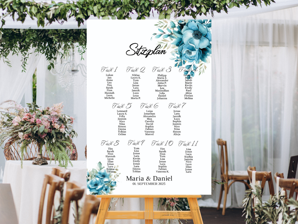Personalisierter Hochzeits Sitzplan - Leinwand , Poster - Strand Hochzeit , Marine , Blaue Blumen LINDA