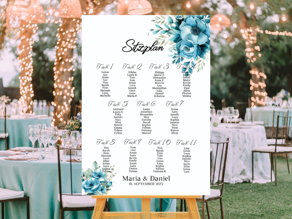 Personalisierter Hochzeits Sitzplan - Leinwand , Poster - Strand Hochzeit , Marine , Blaue Blumen LINDA