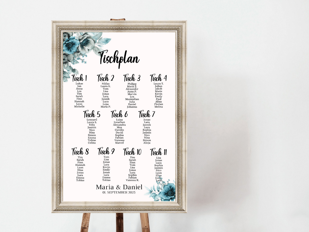 Personalisierter Hochzeits Sitzplan - Leinwand , Poster - Strand Hochzeit , Marine , Blaue Blumen MILA