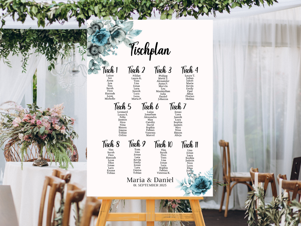 Personalisierter Hochzeits Sitzplan - Leinwand , Poster - Strand Hochzeit , Marine , Blaue Blumen MILA