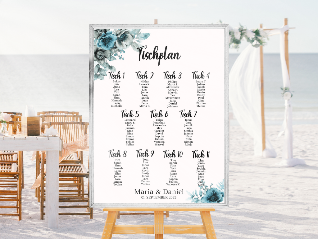 Personalisierter Hochzeits Sitzplan - Leinwand , Poster - Strand Hochzeit , Marine , Blaue Blumen MILA