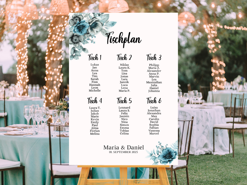 Personalisierter Hochzeits Sitzplan - Leinwand , Poster - Strand Hochzeit , Marine , Blaue Blumen MILA