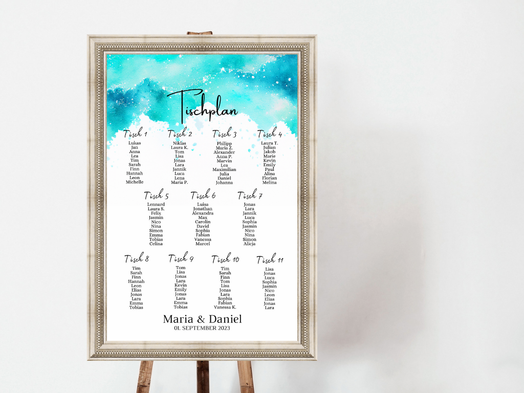 Personalisierter Hochzeits Sitzplan - Leinwand , Poster - Strand Hochzeit , Meer Motiv ARIA