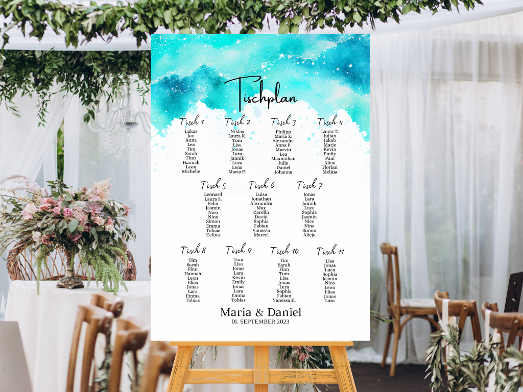 Personalisierter Hochzeits Sitzplan - Leinwand , Poster - Strand Hochzeit , Meer Motiv ARIA
