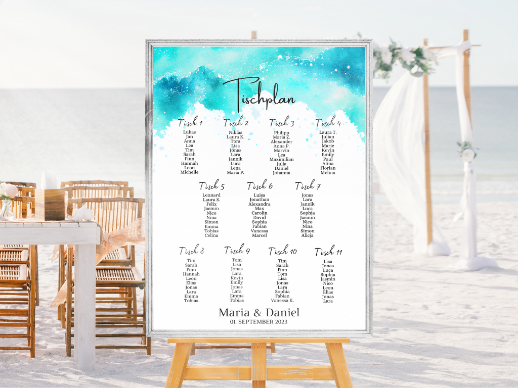 Personalisierter Hochzeits Sitzplan - Leinwand , Poster - Strand Hochzeit , Meer Motiv ARIA