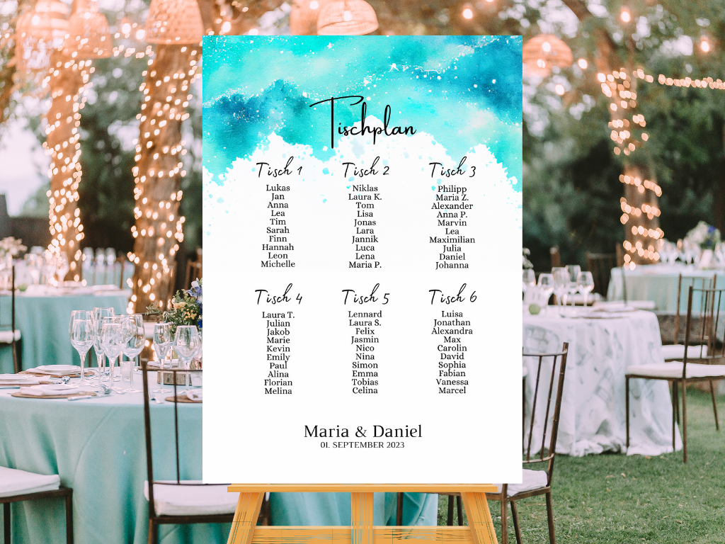 Personalisierter Hochzeits Sitzplan - Leinwand , Poster - Strand Hochzeit , Meer Motiv ARIA