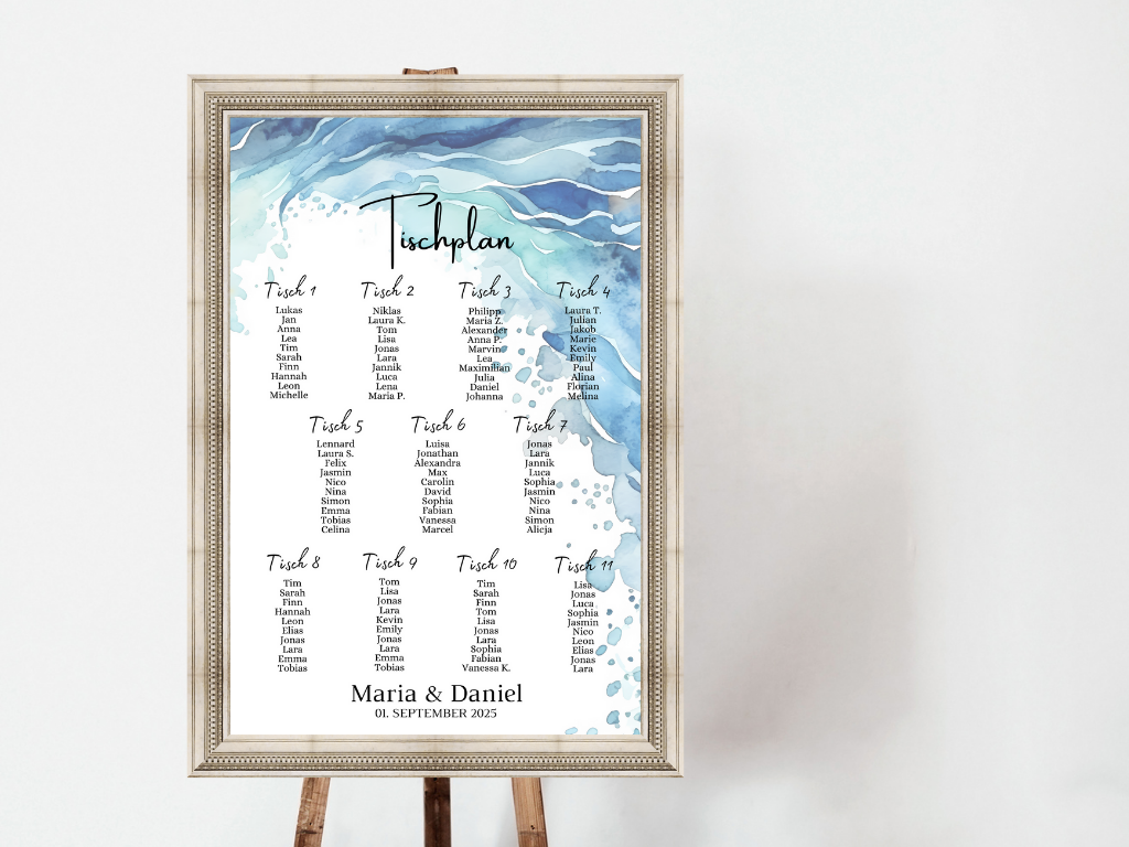 Personalisierter Hochzeits Sitzplan - Leinwand , Poster - Strand Hochzeit , Meer Motiv , Vintage EMMA