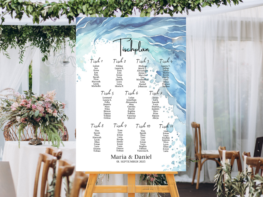Personalisierter Hochzeits Sitzplan - Leinwand , Poster - Strand Hochzeit , Meer Motiv , Vintage EMMA