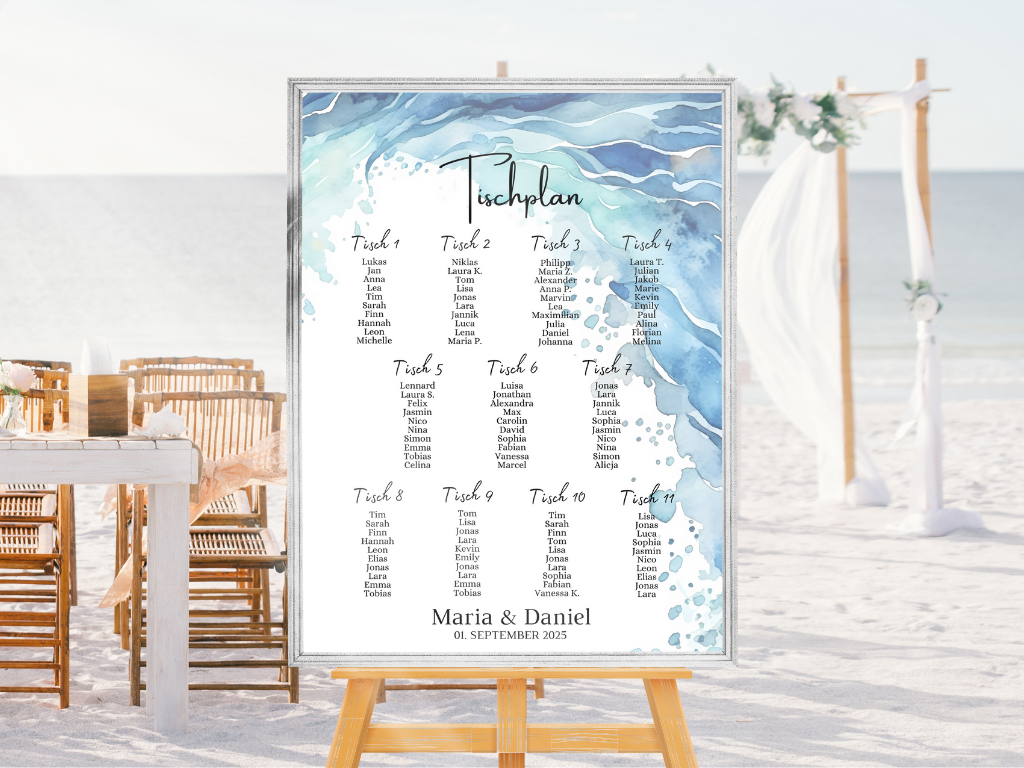 Personalisierter Hochzeits Sitzplan - Leinwand , Poster - Strand Hochzeit , Meer Motiv , Vintage EMMA