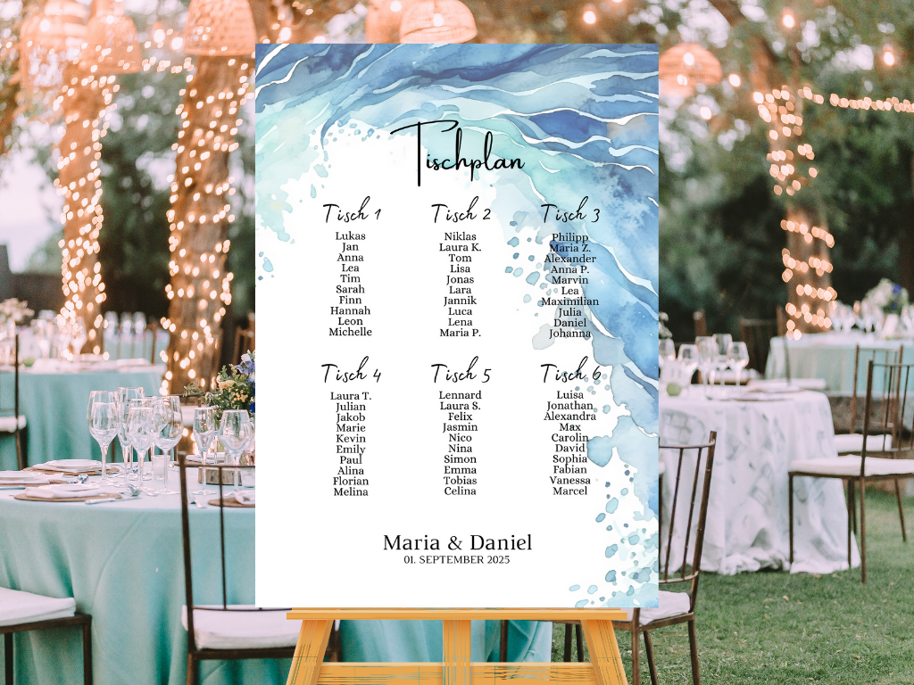 Personalisierter Hochzeits Sitzplan - Leinwand , Poster - Strand Hochzeit , Meer Motiv , Vintage EMMA