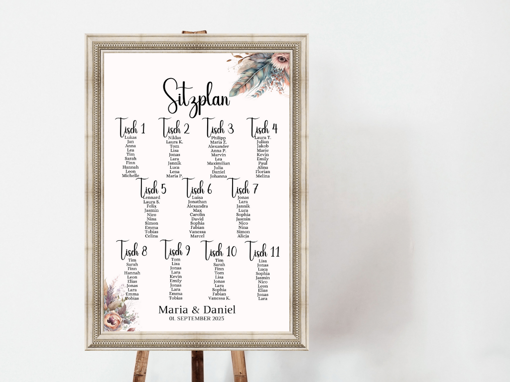 Personalisierter Hochzeits Sitzplan - Leinwand , Poster - Boho , Beige , Blumen DIANA