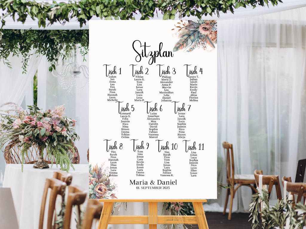 Personalisierter Hochzeits Sitzplan - Leinwand , Poster - Boho , Beige , Blumen DIANA