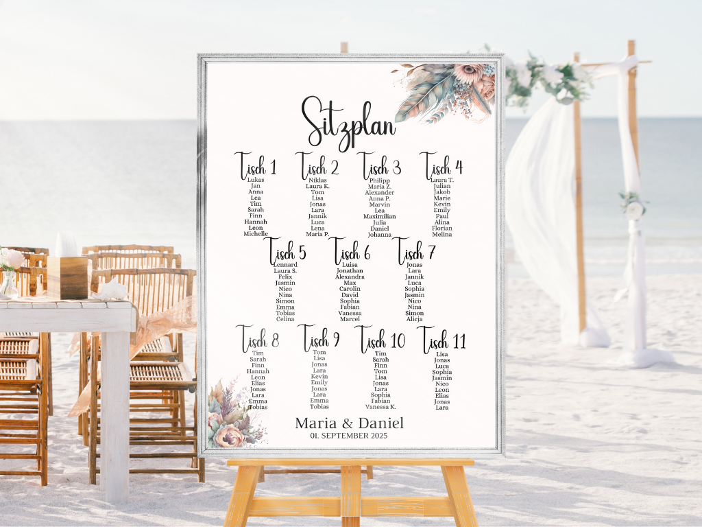 Personalisierter Hochzeits Sitzplan - Leinwand , Poster - Boho , Beige , Blumen DIANA
