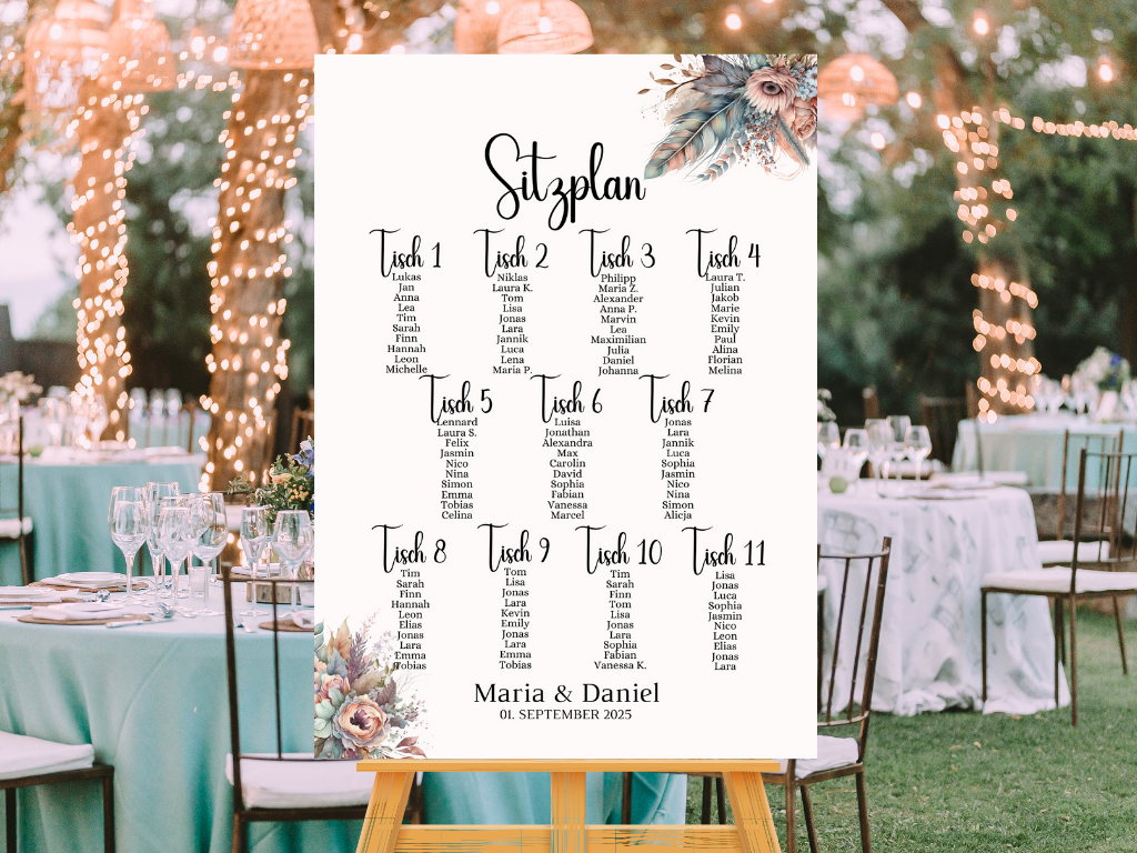 Personalisierter Hochzeits Sitzplan - Leinwand , Poster - Boho , Beige , Blumen DIANA