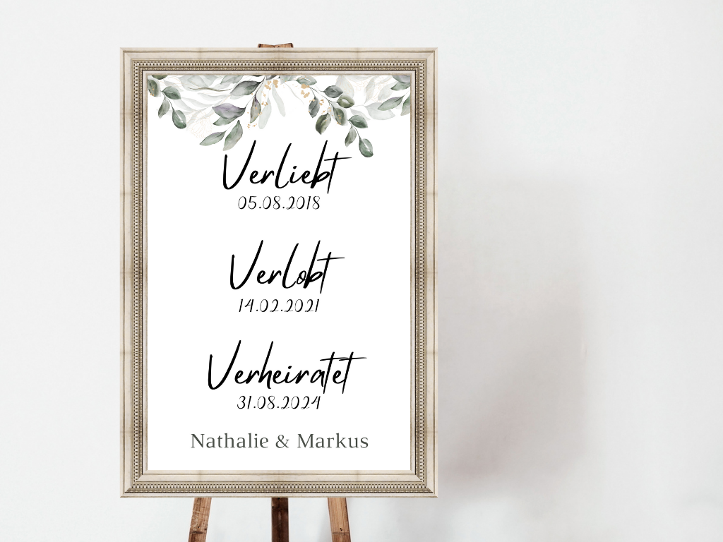 Unsere Liebesgeschichte. Verliebt Verlobt Verheiratet für Hochzeit Leinwand, Poster . Eukalyptus Vintage ANNA