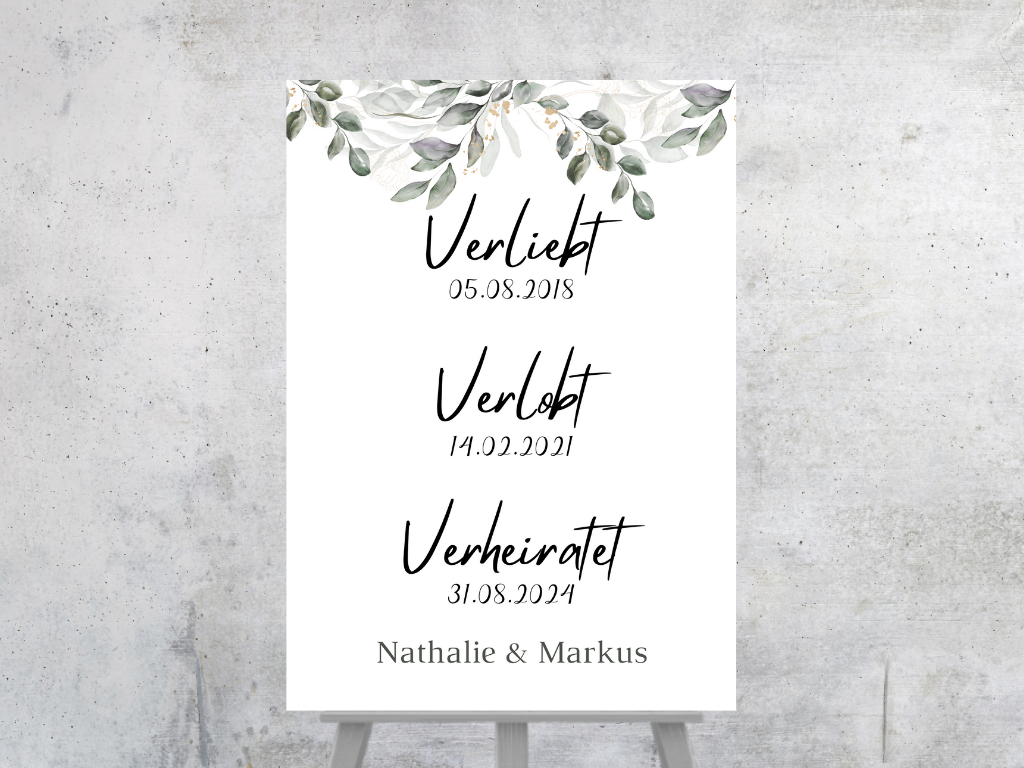 Unsere Liebesgeschichte. Verliebt Verlobt Verheiratet für Hochzeit Leinwand, Poster . Eukalyptus Vintage ANNA