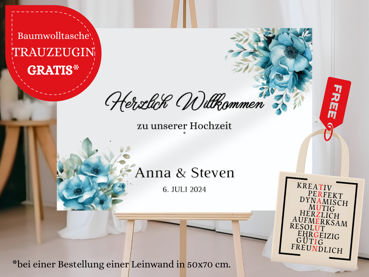 Willkommensschild Hochzeit - Leinwand , Poster - Strand Hochzeit , Marine , Blaue Blumen LINDA