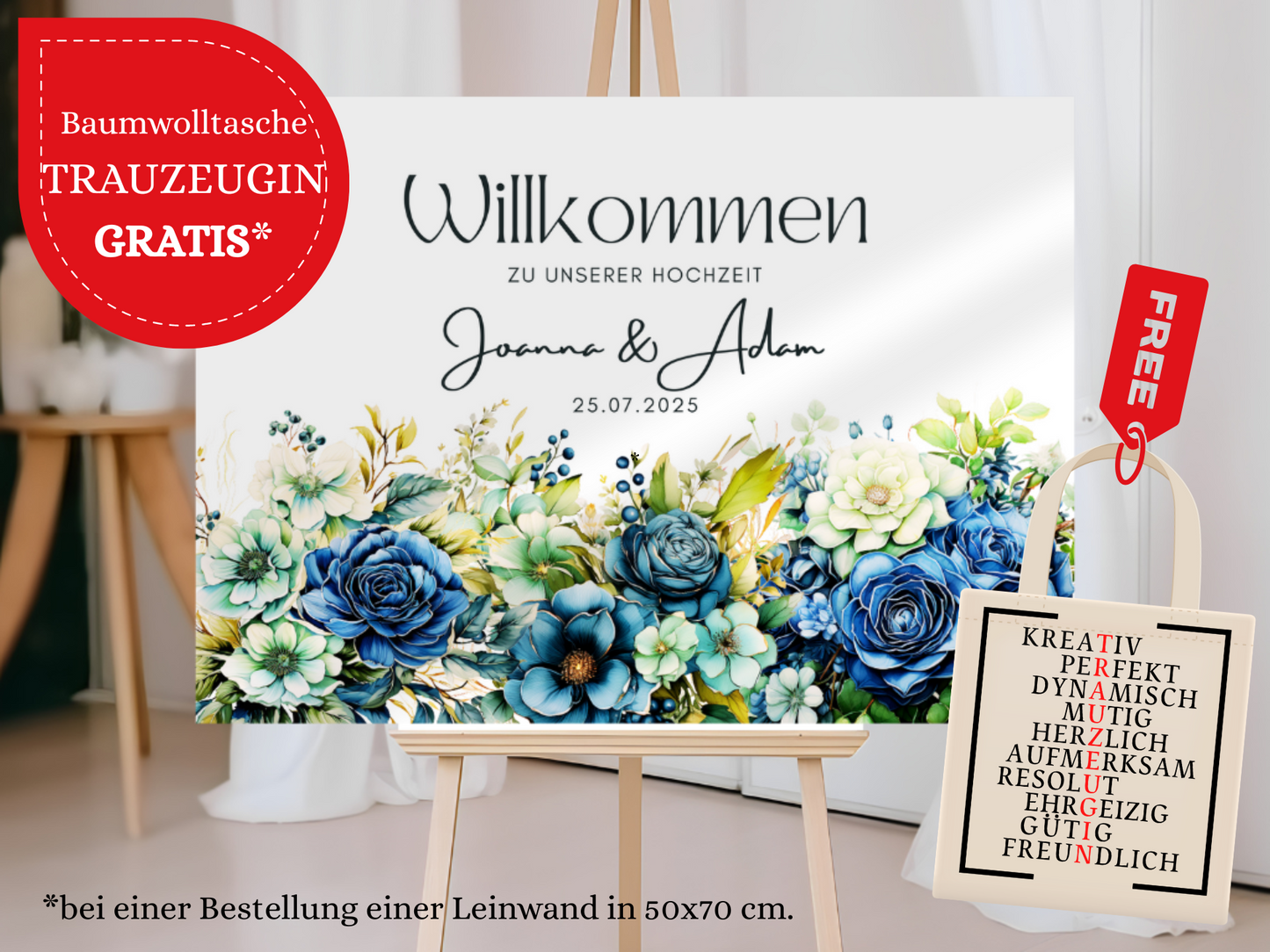 Willkommensschild Hochzeit - Leinwand , Poster - Marine , Blaue Blumen JASMIN