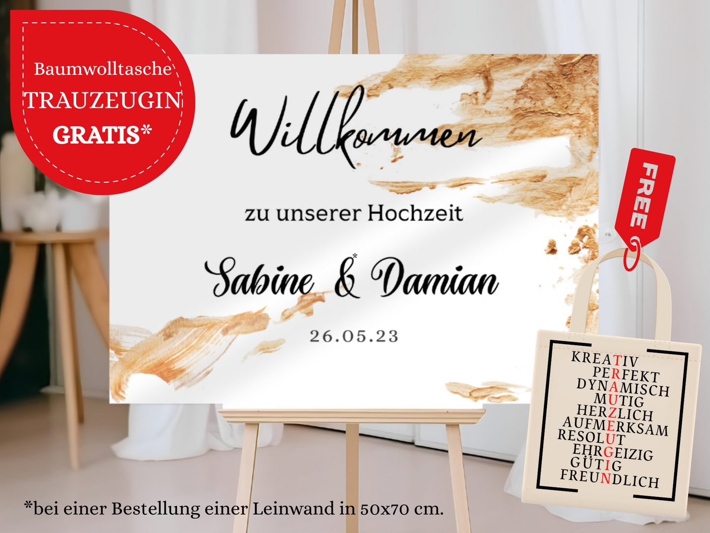 Willkommensschild Hochzeit - Leinwand , Poster - classic Gold Hochzeit ALEXA