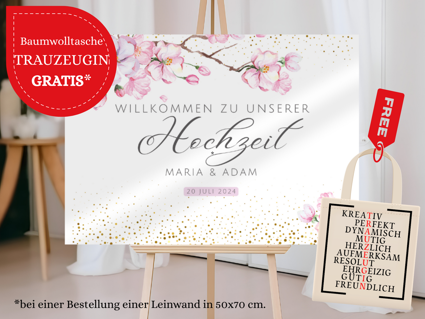 Willkommensschild Hochzeit - Leinwand , Poster - Kirschblüten , Rosa , Vintage LEA