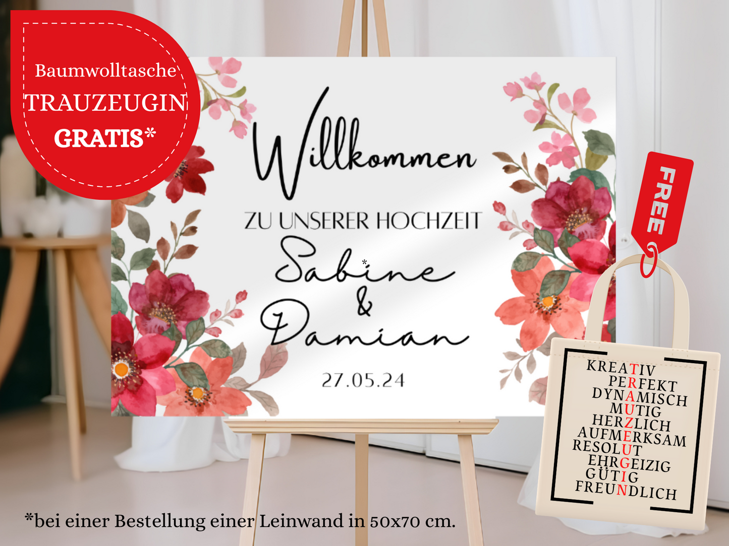 Willkommensschild Hochzeit - Leinwand , Poster - Bunte Blumen , Rot , Vintage NATALIE