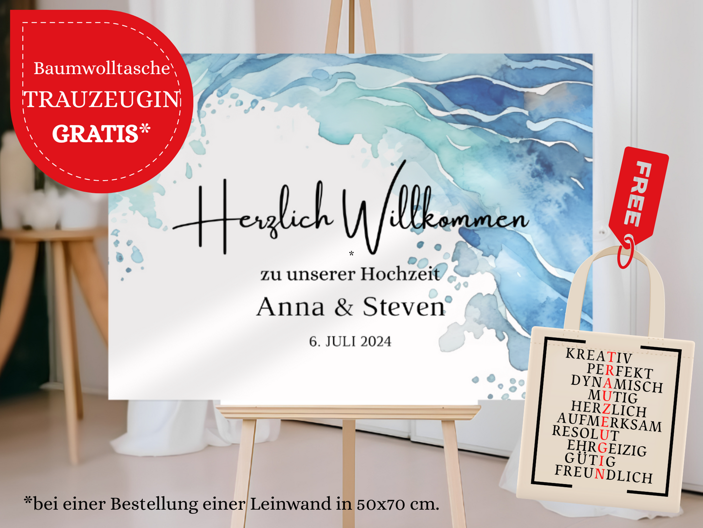 Willkommensschild Hochzeit - Leinwand , Poster - Strand Hochzeit , Marine , Vintage EMMA