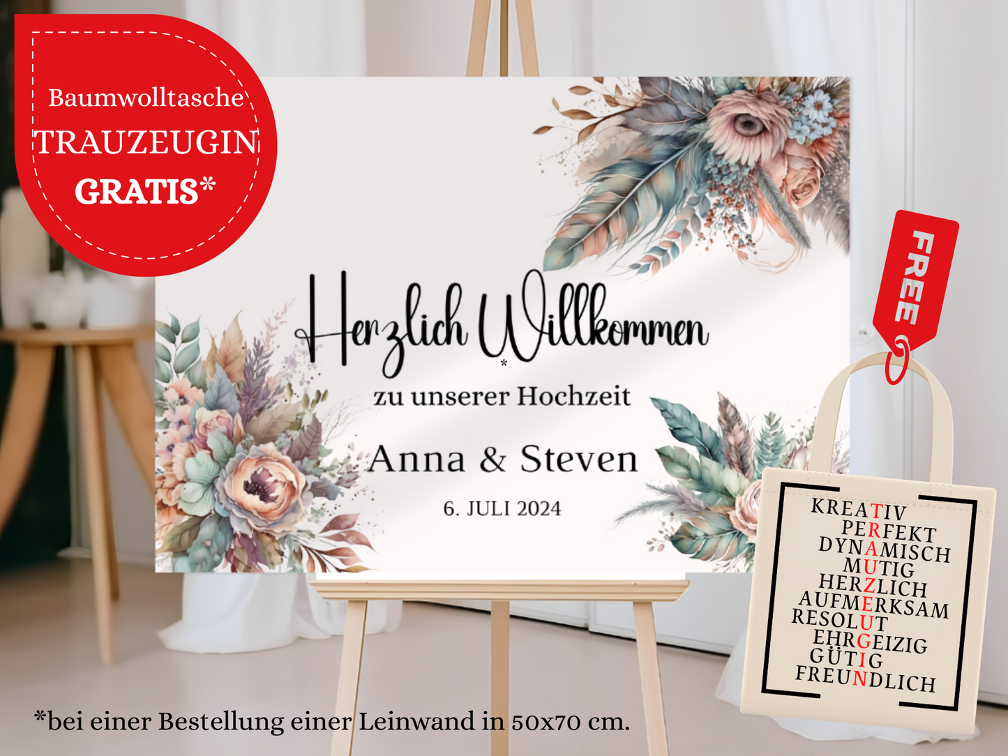Willkommensschild Hochzeit - Leinwand , Poster - Trockenblumen , Boho Strand Hochzeit DIANA