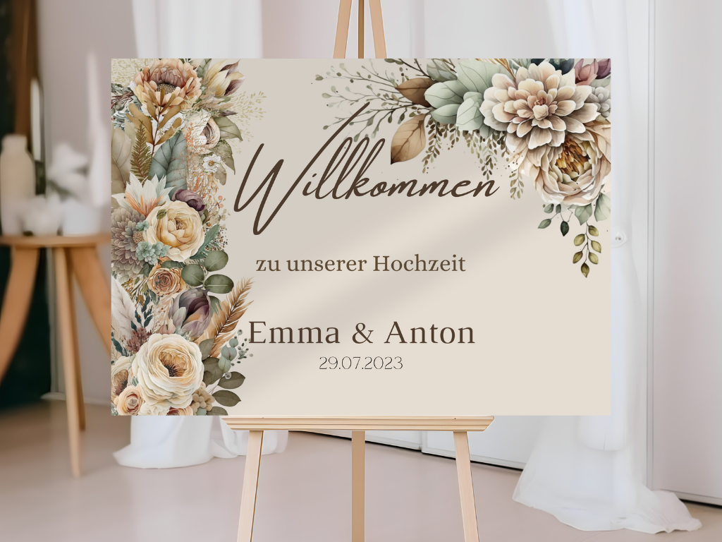 Willkommensschild Hochzeit - Leinwand , Poster - Boho , Beige , Blumen JULIA