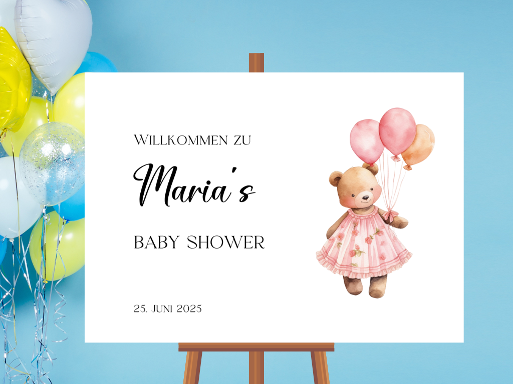 Willkommensschild Baby Shower , Gender Reveal - Leinwand , Poster - Mädchen Balloons Nina