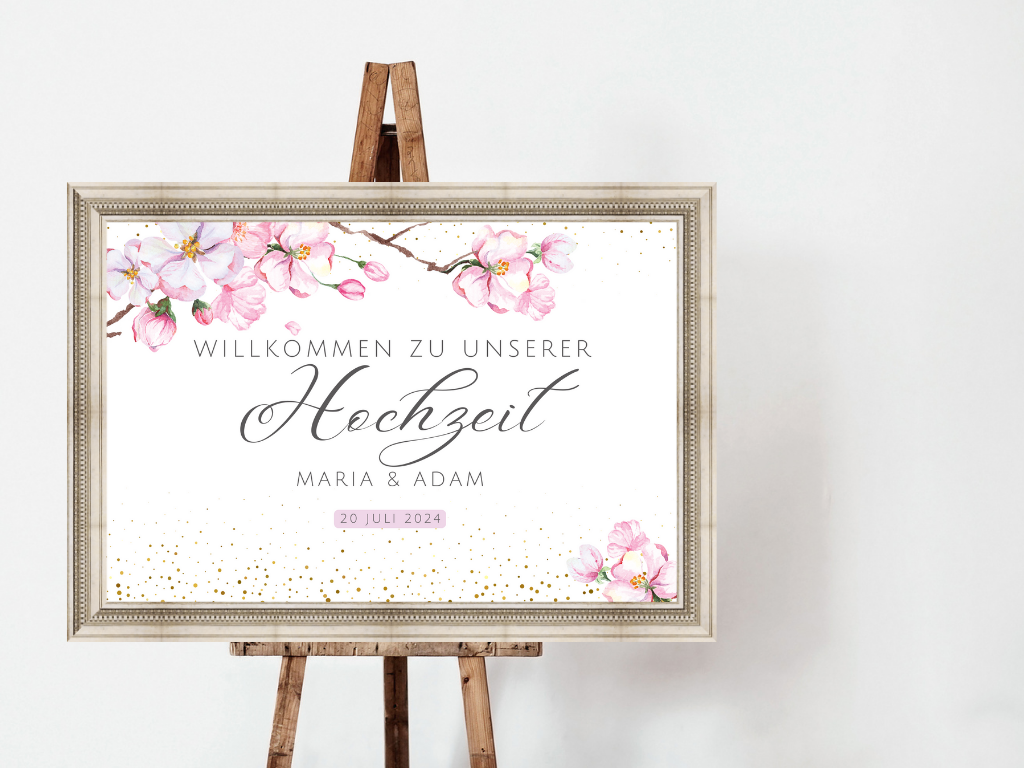 Willkommensschild Hochzeit - Leinwand , Poster - Kirschblüten , Rosa , Vintage LEA