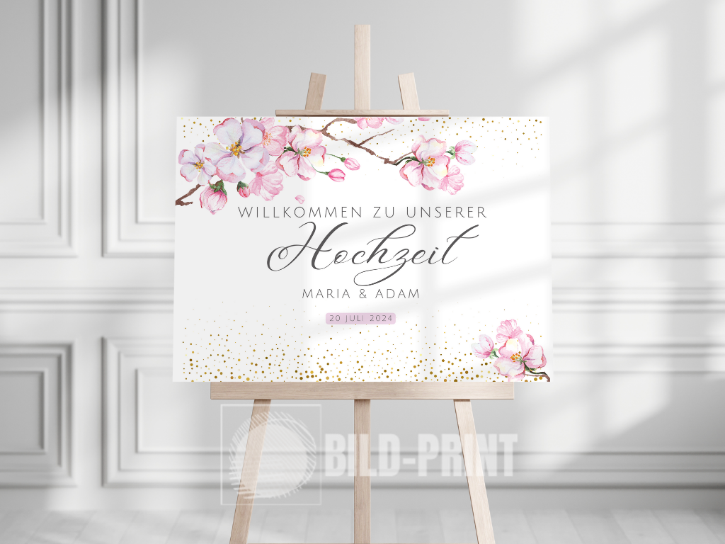 Willkommensschild Hochzeit - Leinwand , Poster - Kirschblüten , Rosa , Vintage LEA
