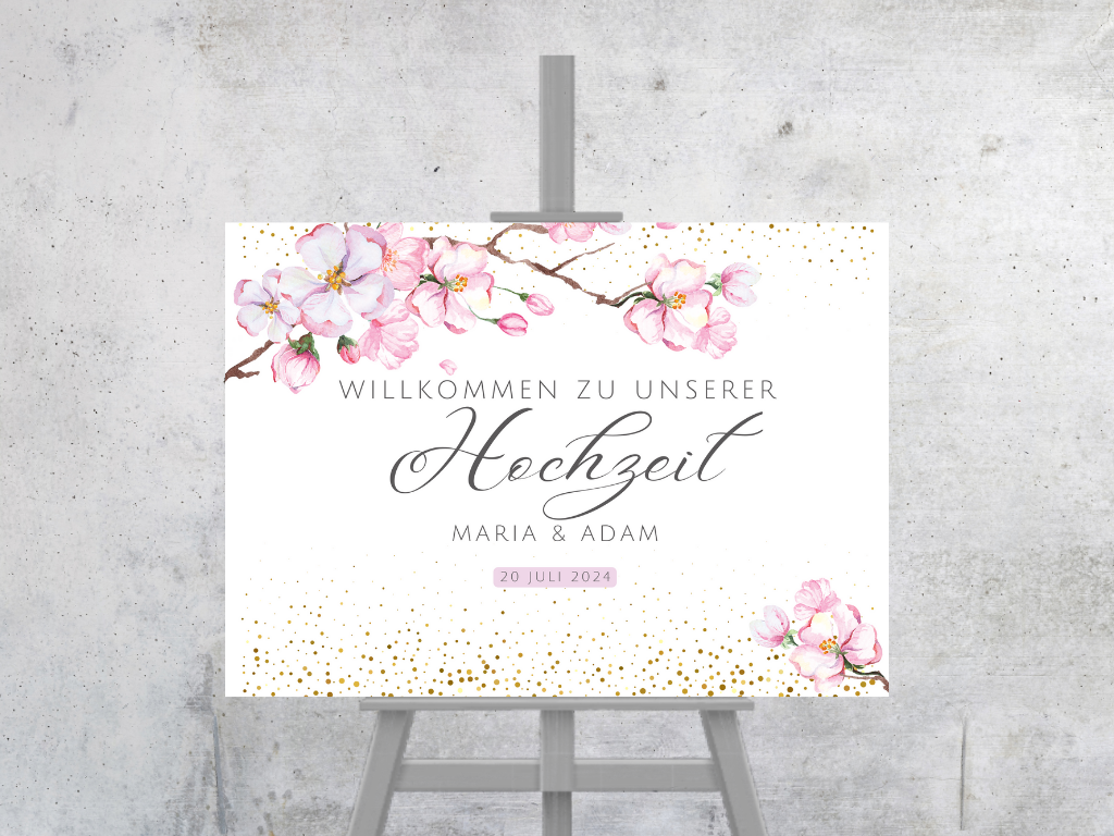 Willkommensschild Hochzeit - Leinwand , Poster - Kirschblüten , Rosa , Vintage LEA