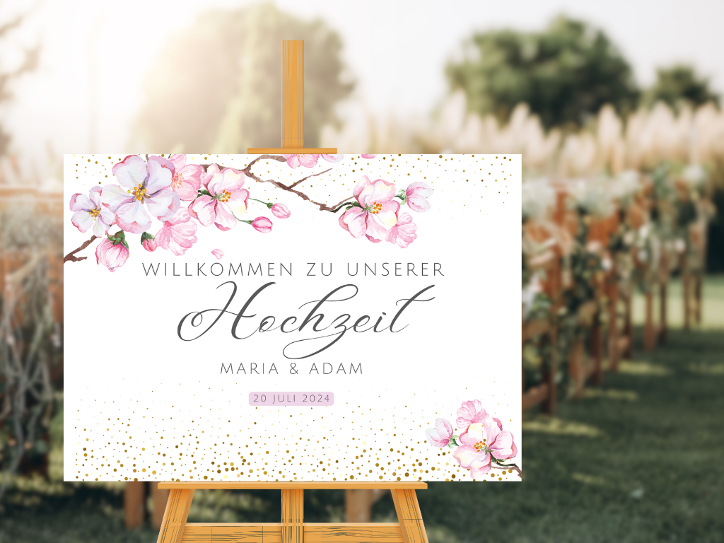 Willkommensschild Hochzeit - Leinwand , Poster - Kirschblüten , Rosa , Vintage LEA
