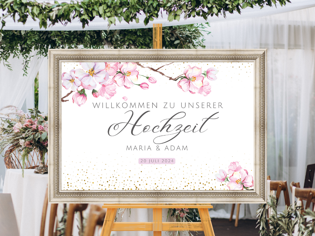 Willkommensschild Hochzeit - Leinwand , Poster - Kirschblüten , Rosa , Vintage LEA