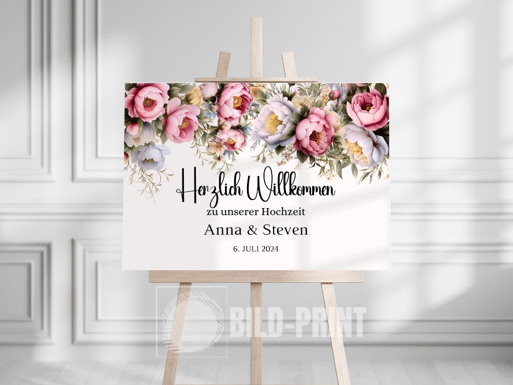 Willkommensschild Hochzeit - Leinwand , Poster - Rote Blumen Boho KATRIN